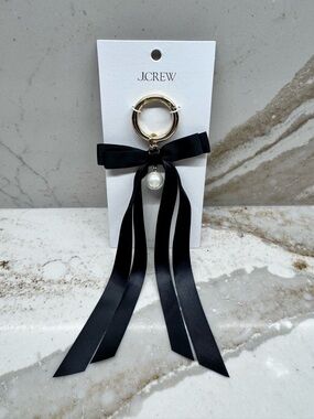 J. Crew Pearl and Bow Bag Charm Keychain Black Gold